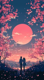 Silhouetted couple under oversized pink moon in sakura dusk