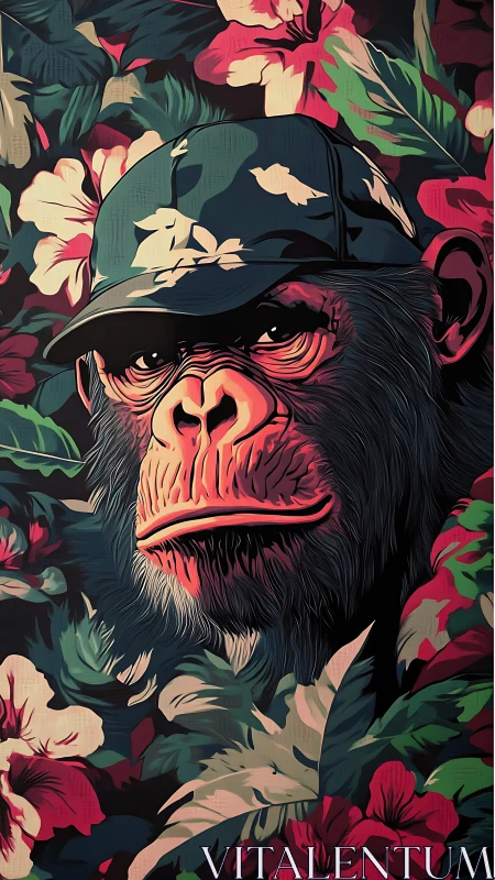 Tropical monkey portrait in floral cap and lush blossoms.