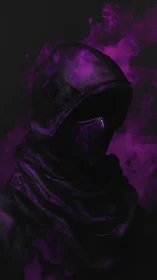 Shrouded hooded figure emerges from swirling violet smoke