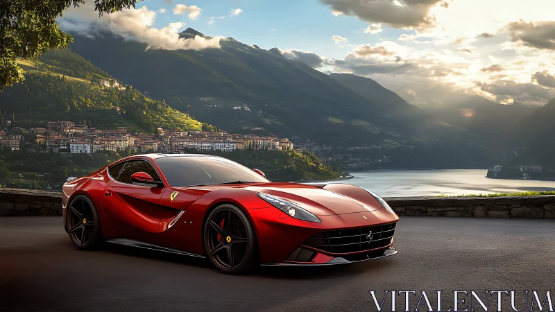 Red grand tourer coupe parked above mountain lake at sunset