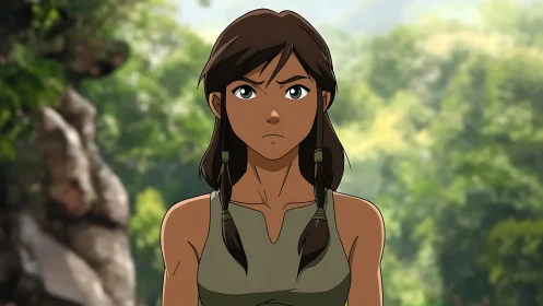 Determined jungle warrior stands focused in lush forest