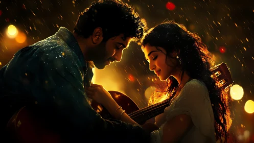 Two figures in heavy rain beneath warm overhead lighting.