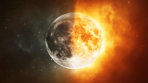 Celestial duet where moonlight meets a blazing solar flare.