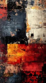 Textured abstract blocks in red, yellow, black, and white.