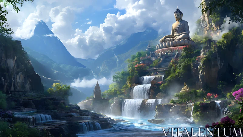 Serene mountain valley with tiered waterfalls and Buddha statues.