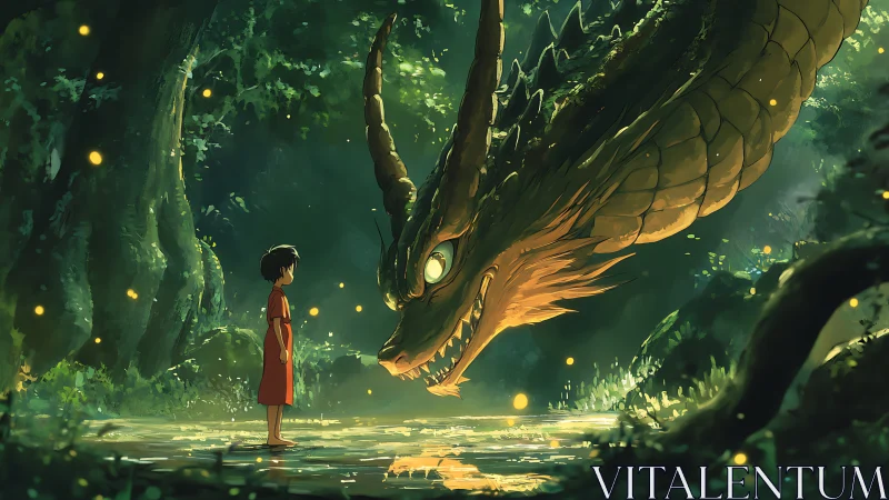 Child confronting luminous forest dragon under firefly light