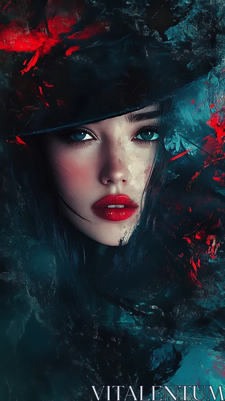 Female portrait partially obscured by abstract dark textures