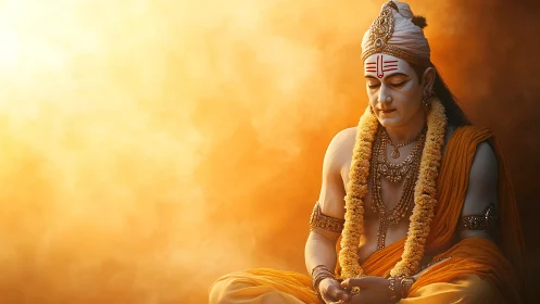 Meditative deity in saffron robes amid radiant golden haze.