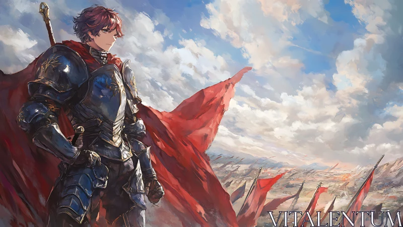 Crimson cloaked knight surveying a storm-streaked battlefield.