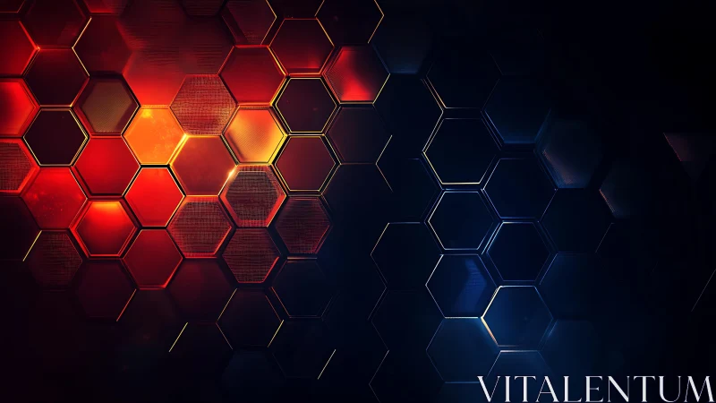 Futuristic hexagonal grid in glowing red and blue digital style.
