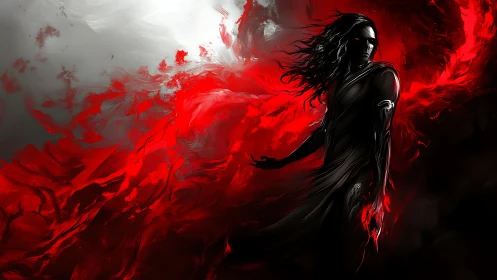 Dark sorcerer commands crimson energy in abstract vortex.