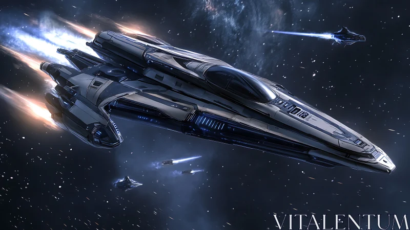 Sleek interceptor squadron racing through deep space night.
