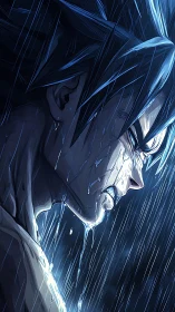 Determined anime warrior stands in heavy night rain.