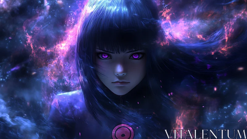 Girl with glowing violet eyes stares into swirling cosmic void
