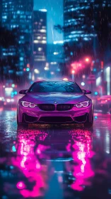 Sports car stands on wet city street under neon rain