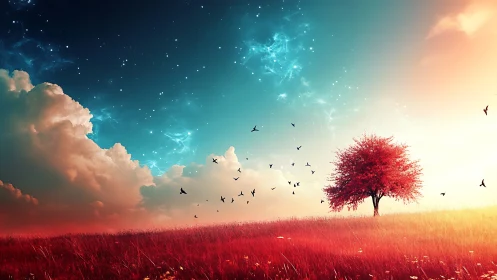Solitary red tree under starry sky and migrating birds.