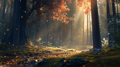 Golden Particles Drift Through Ancient Forest Canopy.