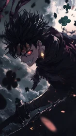 Clover-storm rogue with burning eyes under omen-soaked skies.