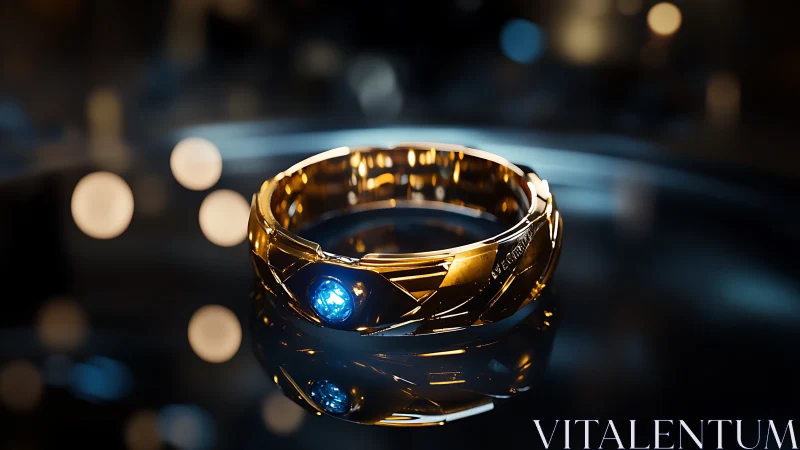 Golden ring with blue gemstone rests on reflective dark surface