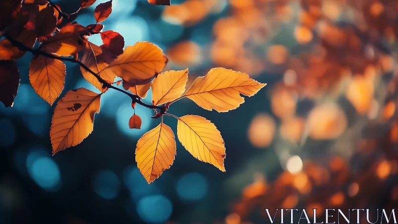 Golden autumn leaves glowing gently against soft blue light.