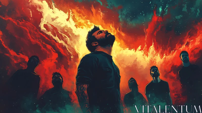 Group of men stand under vivid fiery sky looking upward