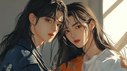 Digital portrait of two androgynous figures by window light.