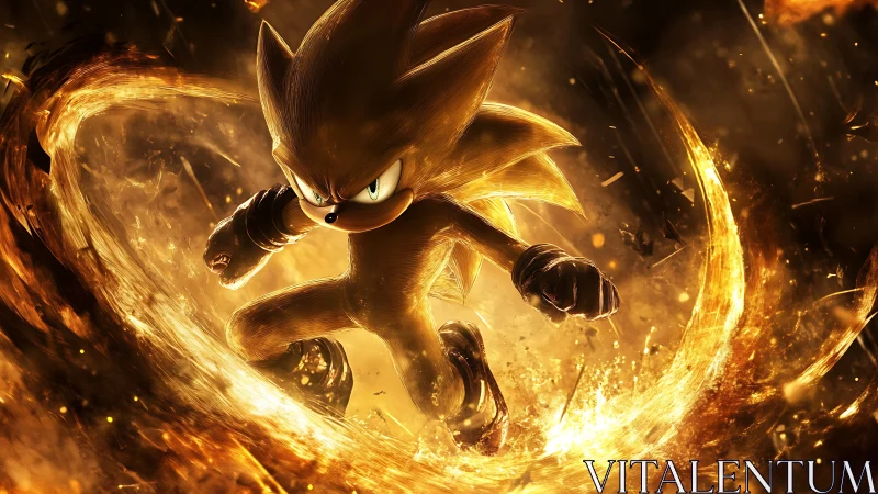 High-energy hedgehog silhouette encircled by dynamic golden shockwave