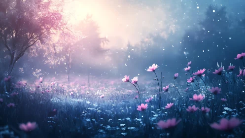 Twilight bloomfield where moonlit petals practice quiet magic.