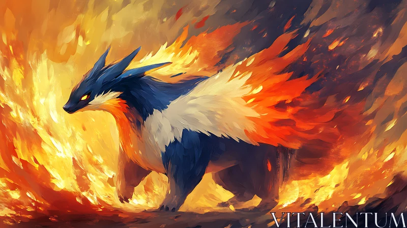 Fire beast strides through blazing inferno with burning mane