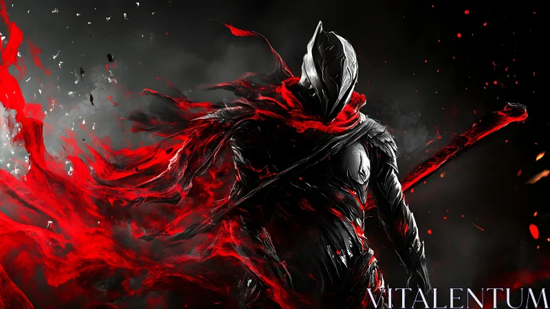 Armored figure stands in swirling red and black energy