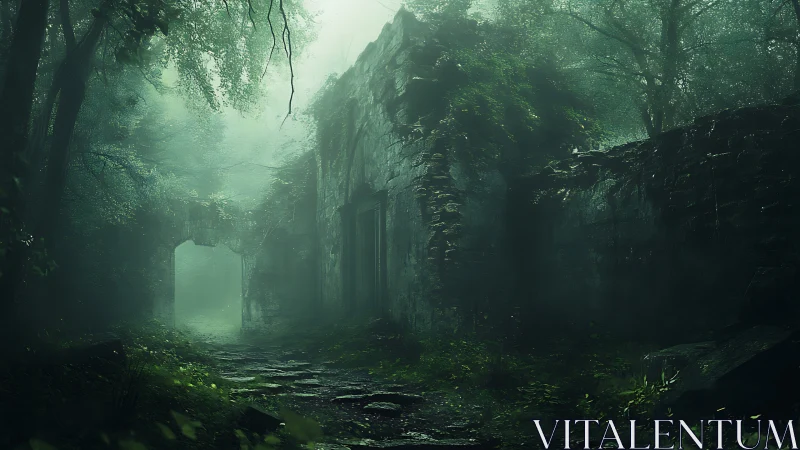 Misty forest ruins with overgrown stone archway passage.