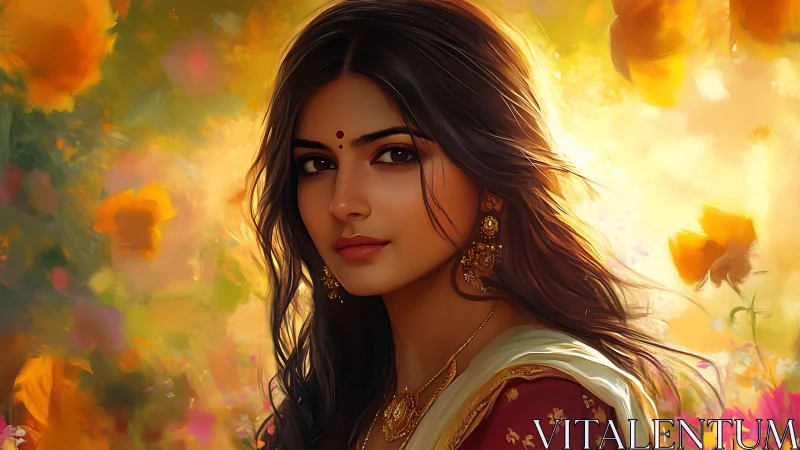 Sunlit portrait of Indian woman amid glowing florals.