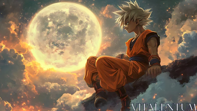 Anime figure on rocky ledge before large moon in clouds.