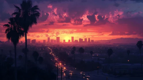 Neon dusk pours over palm-lined city streets in blaze.