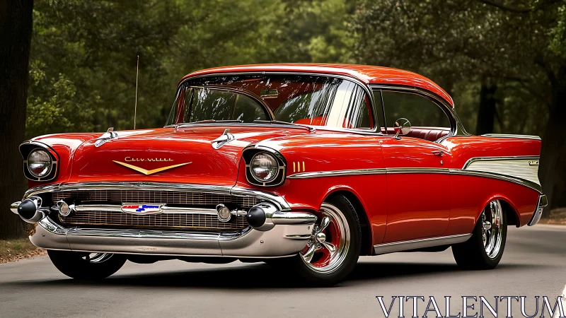 Restored 1957 red Chevrolet Bel Air coupe with chrome detailing