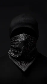 Portrait of Masked Figure in Monochromatic Black and White.