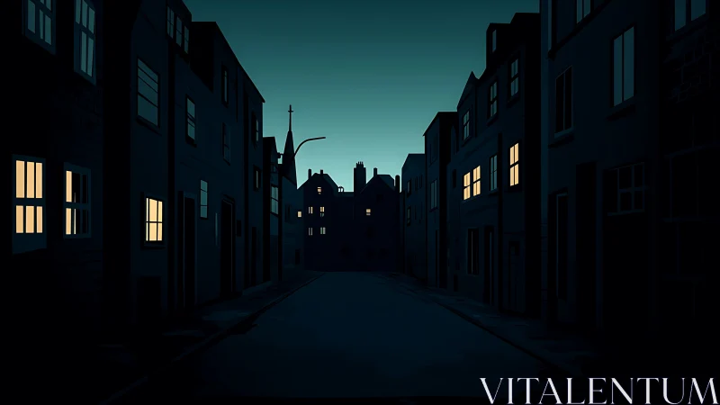 Nocturnal street corridor with silhouetted townhouses and warm windows