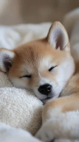 Shiba inu puppy sleeps in soft cream textiles, shallow focus.