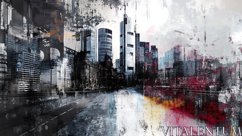 Abstract urban skyline with central tower and blurred cityscape.