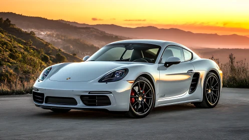 Silver Porsche coupe parked on mountain road at sunset