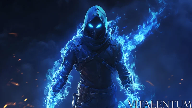 Hooded blue flame warrior walking out of the shadows.