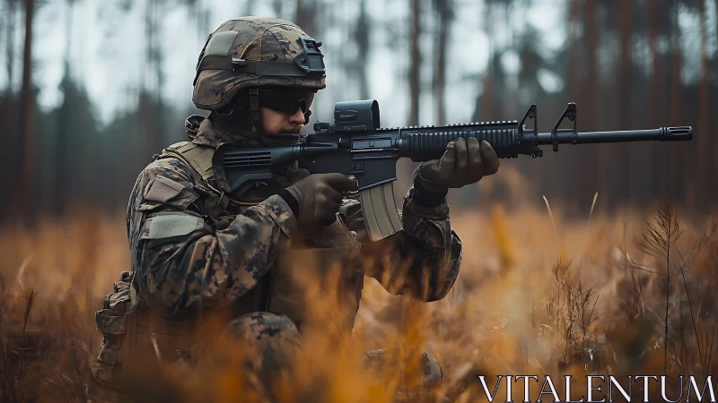 Soldier in camouflage aiming rifle in autumn forest clearing.