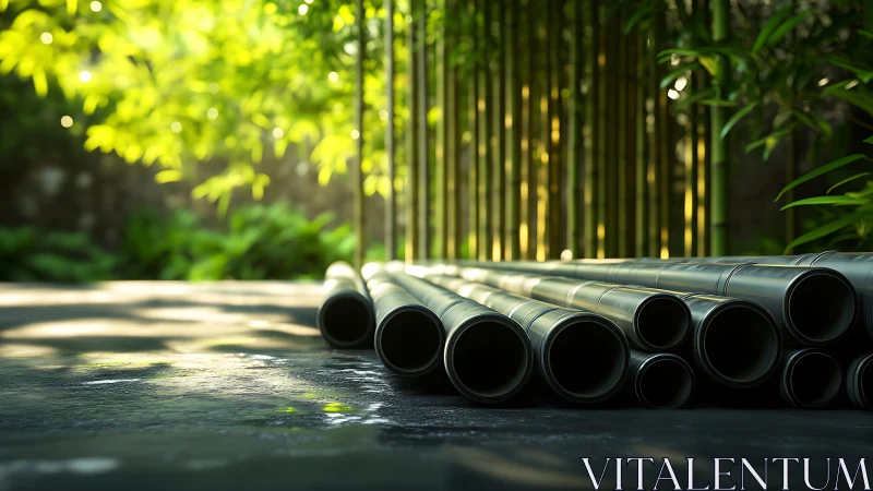 Stacked bamboo tubes in shallow focus tropical garden scene.