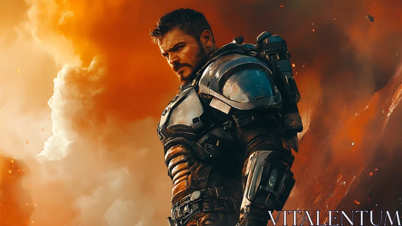 Armored sci‑fi soldier stands against blazing orange sky.
