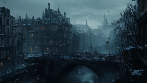 Noir winter bridge over misted river in dense old city