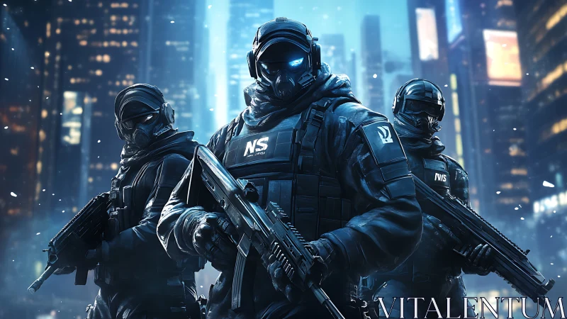 Tactical soldiers stand armed in snowy futuristic city street