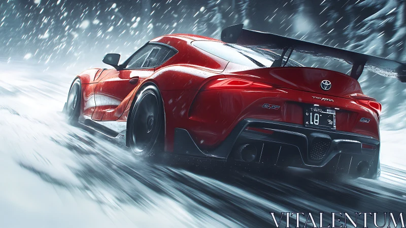Red sports coupe drifting through dynamic snowstorm motion.