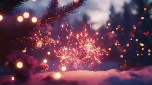 Winter sparklers and pine branches in soft bokeh light.