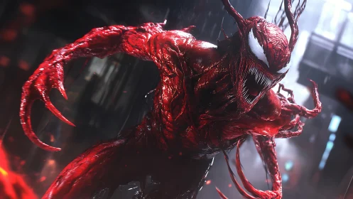 Red symbiotic creature lunges through neon industrial rain