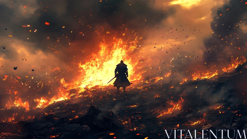 Warrior Standing Against Massive Inferno in Apocalyptic Wasteland